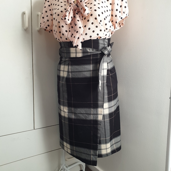 NWT AU 14 Dotti Black White Plaid Midi Belt Wrap Skirt - Picture 13 of 16